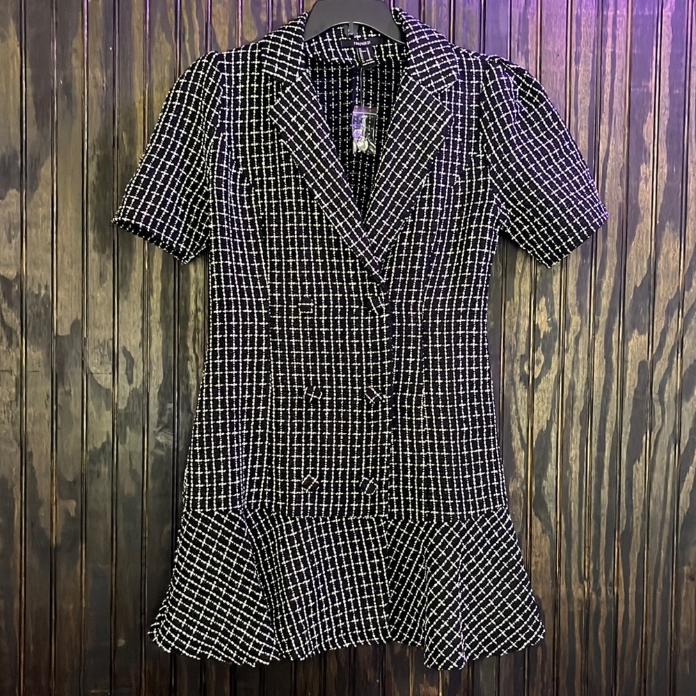 Plaid boucle collared button up dress M